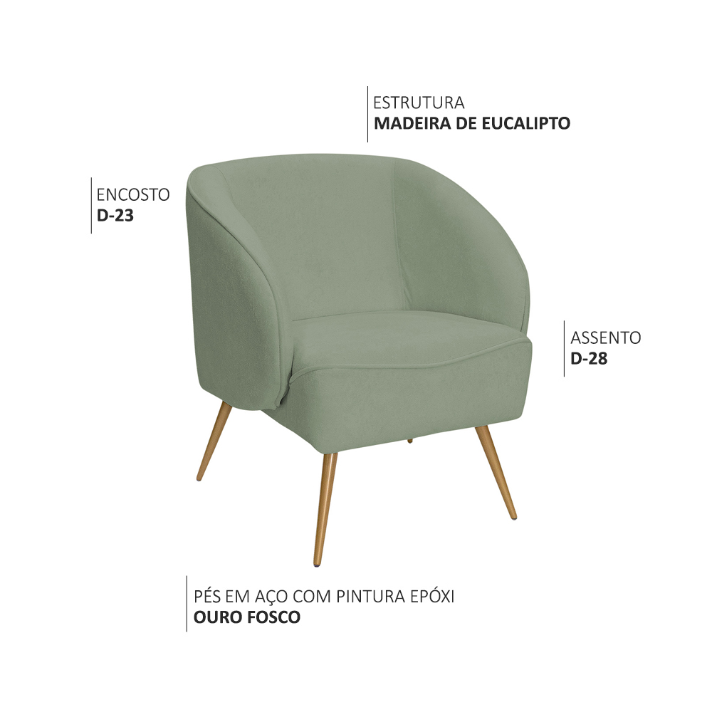 Poltrona Para Sala de Estar Agnes Pés Aço Ouro Fosco Bouclé Verde Claro - Nexta Casa
