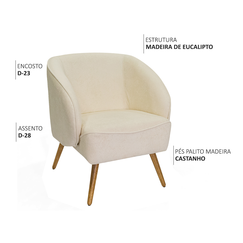 Poltrona Para Sala de Estar Agnes Pés Palito Castanho Bouclé Off White - Nexta Casa