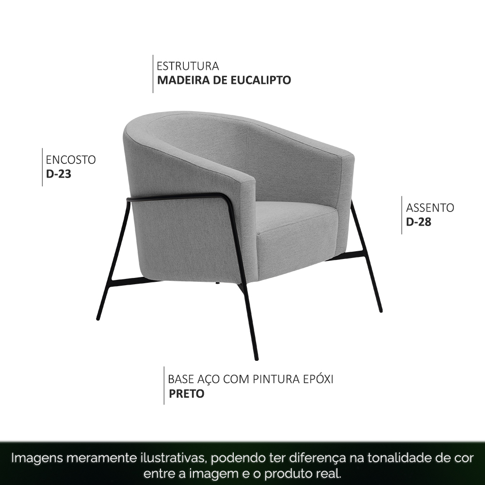 Poltrona Recepção Maitê Base Aço Preto Linho Cinza Mesclado - Nexta Casa