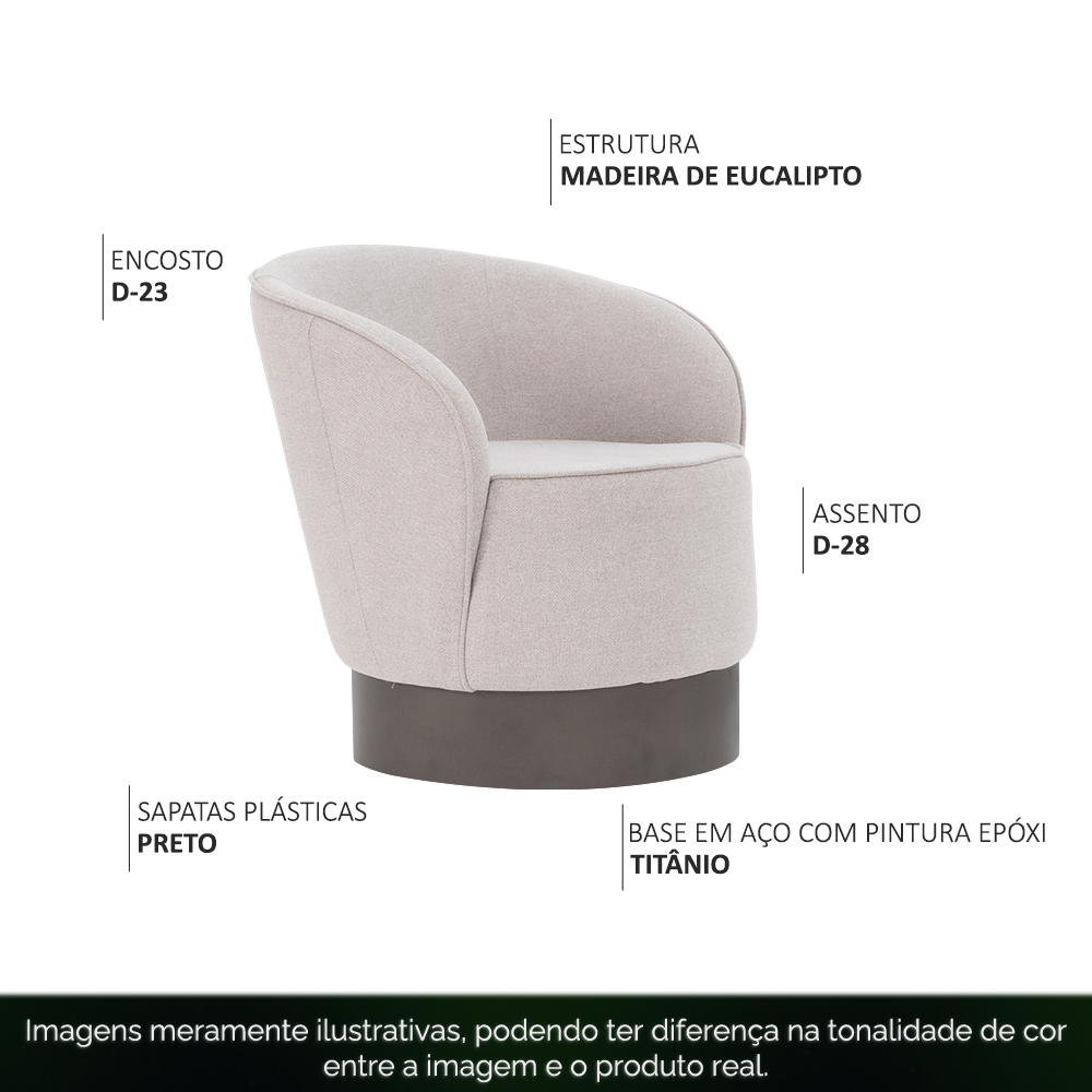 Poltrona Redonda Base Aço Fixa Titânio Aymê Linho Bege Claro - Nexta Casa
