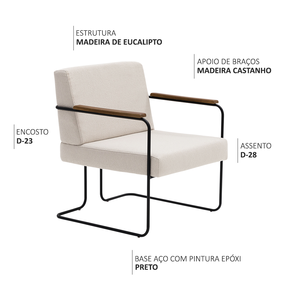 Poltrona Sala de Estar Lusso Base Aço Fixa Preto Bouclé Branco Gelo - Nexta Casa