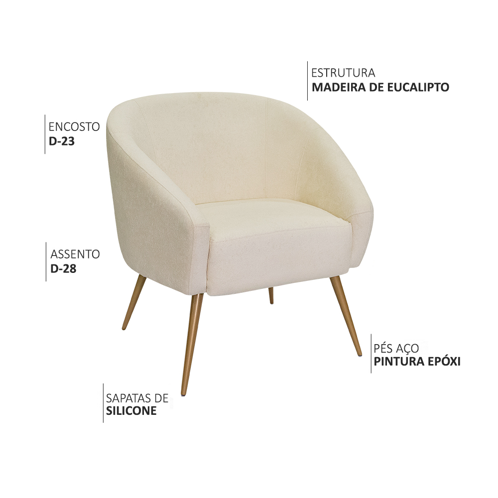 Poltrona Sala de Estar Mona Pés Aço Ouro Fosco Bouclé Off White - Nexta Casa