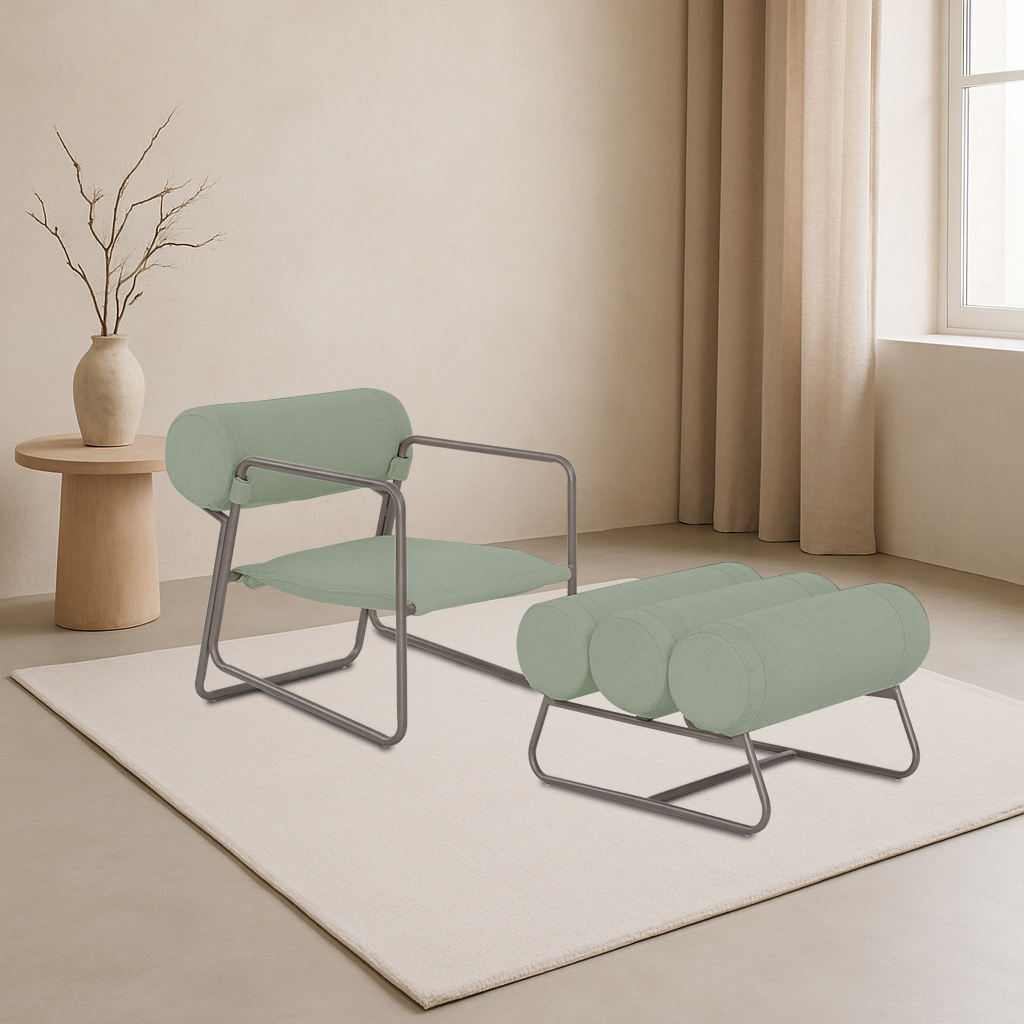 Poltrona com Puff Detroit Bouclé Verde Claro - Nexta Casa