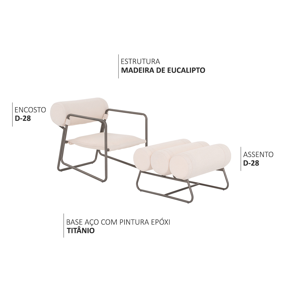Poltrona com Puff Detroit Linho Bouclé Bege Claro - Nexta Casa