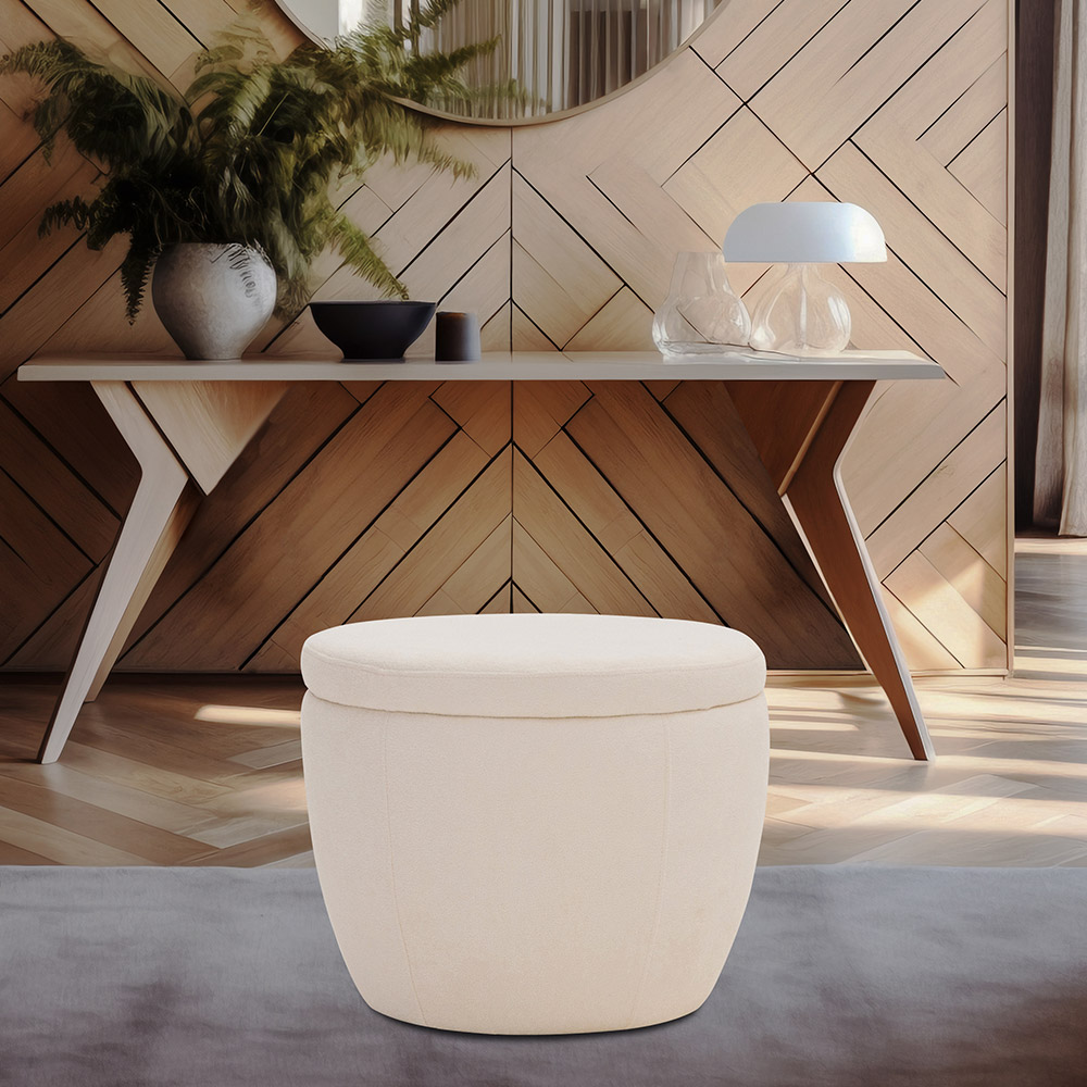 Puff Decorativo Redondo Kaira Bouclé Off White - Nexta Casa