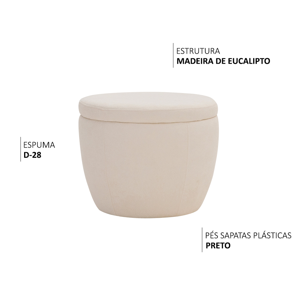 Puff Decorativo Redondo Kaira Bouclé Off White - Nexta Casa