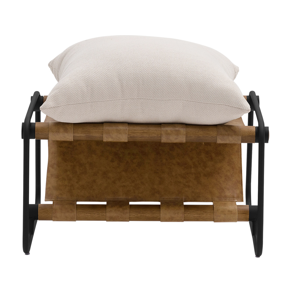 Puff Decorativo Turim Base Aço Preto Recouro Camel Linho Off White - Nexta Casa