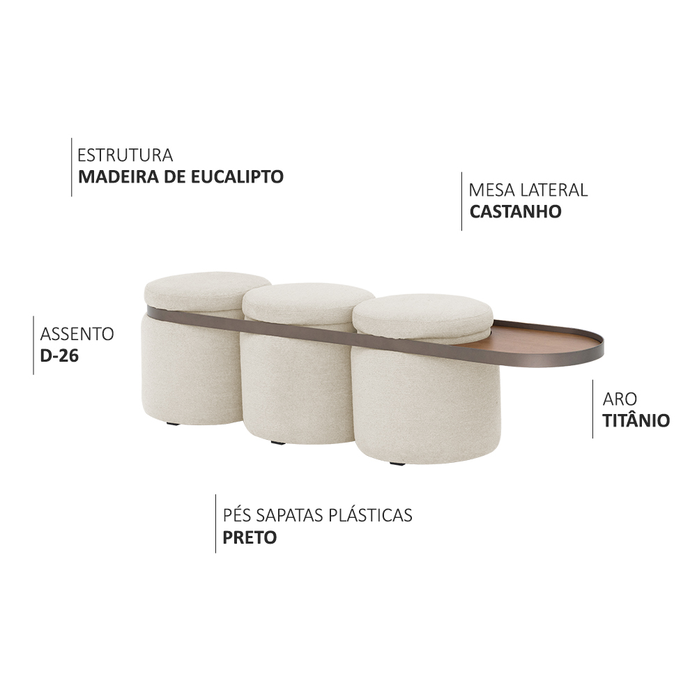 Puff Lynce 3 Lugares com Mesa Auxiliar Aro Titânio Poliéster Bege Claro - Nexta Casa