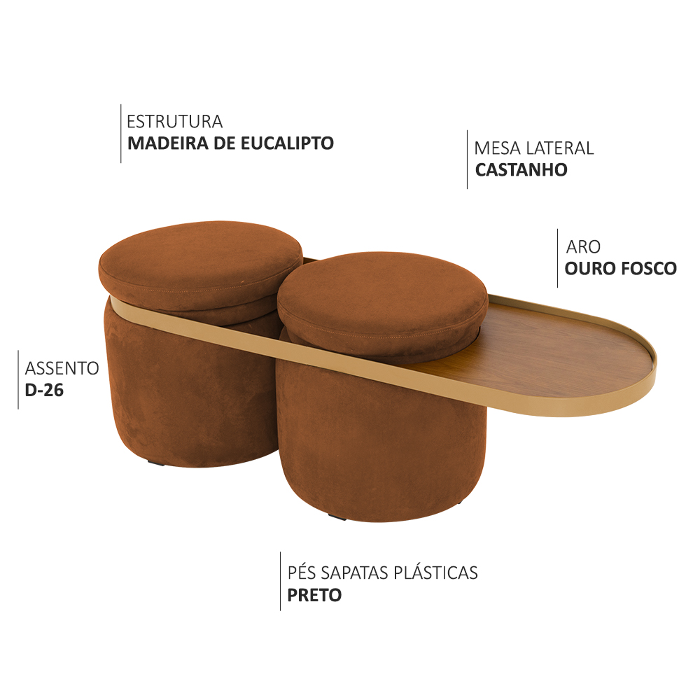 Puff Lynce com Mesa Auxiliar Aro Ouro Fosco Veludo Terracota - Nexta Casa