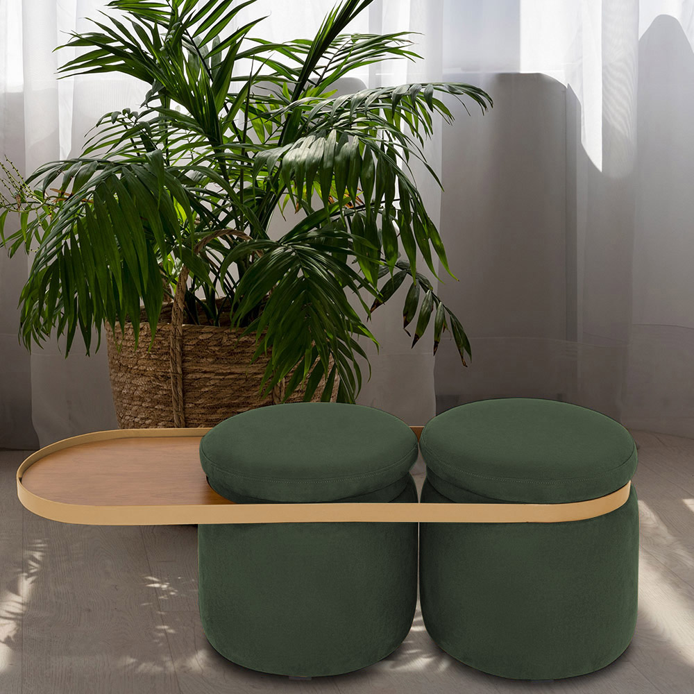 Puff Lynce com Mesa Auxiliar Aro Ouro Fosco Veludo Verde - Nexta Casa