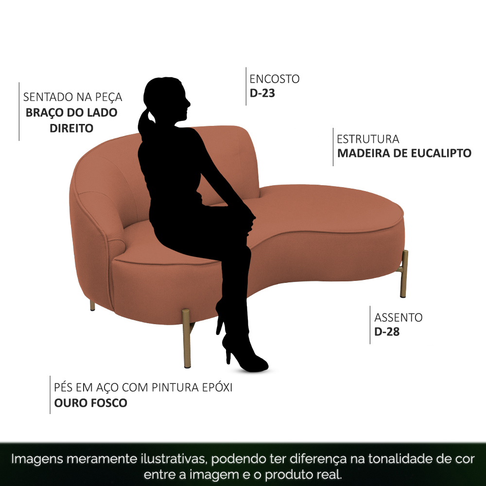 Sofá Curvo 02 Lugares 150cm Braço Direito Thommy Pés Ouro Fosco Linho Coral - Nexta Casa