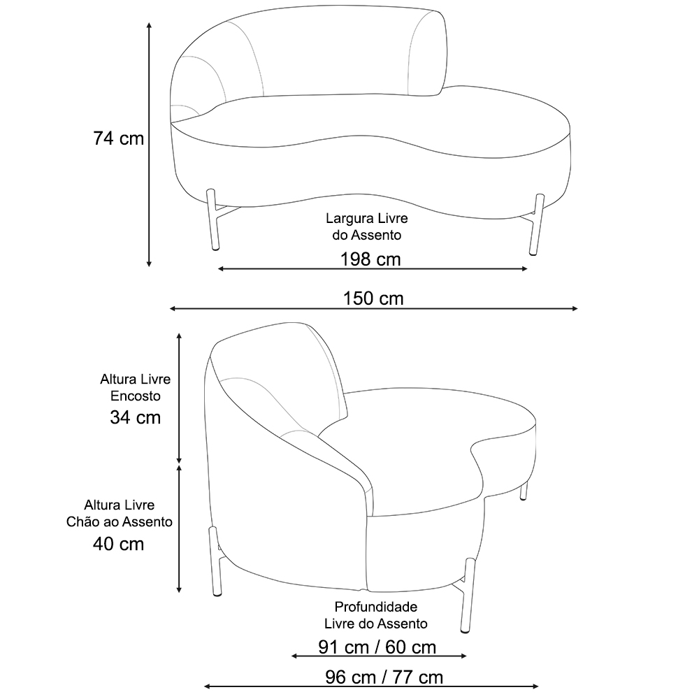 Sofá Curvo 02 Lugares 150cm Braço Direito Thommy Pés Preto Fosco Linho Off White - Nexta Casa