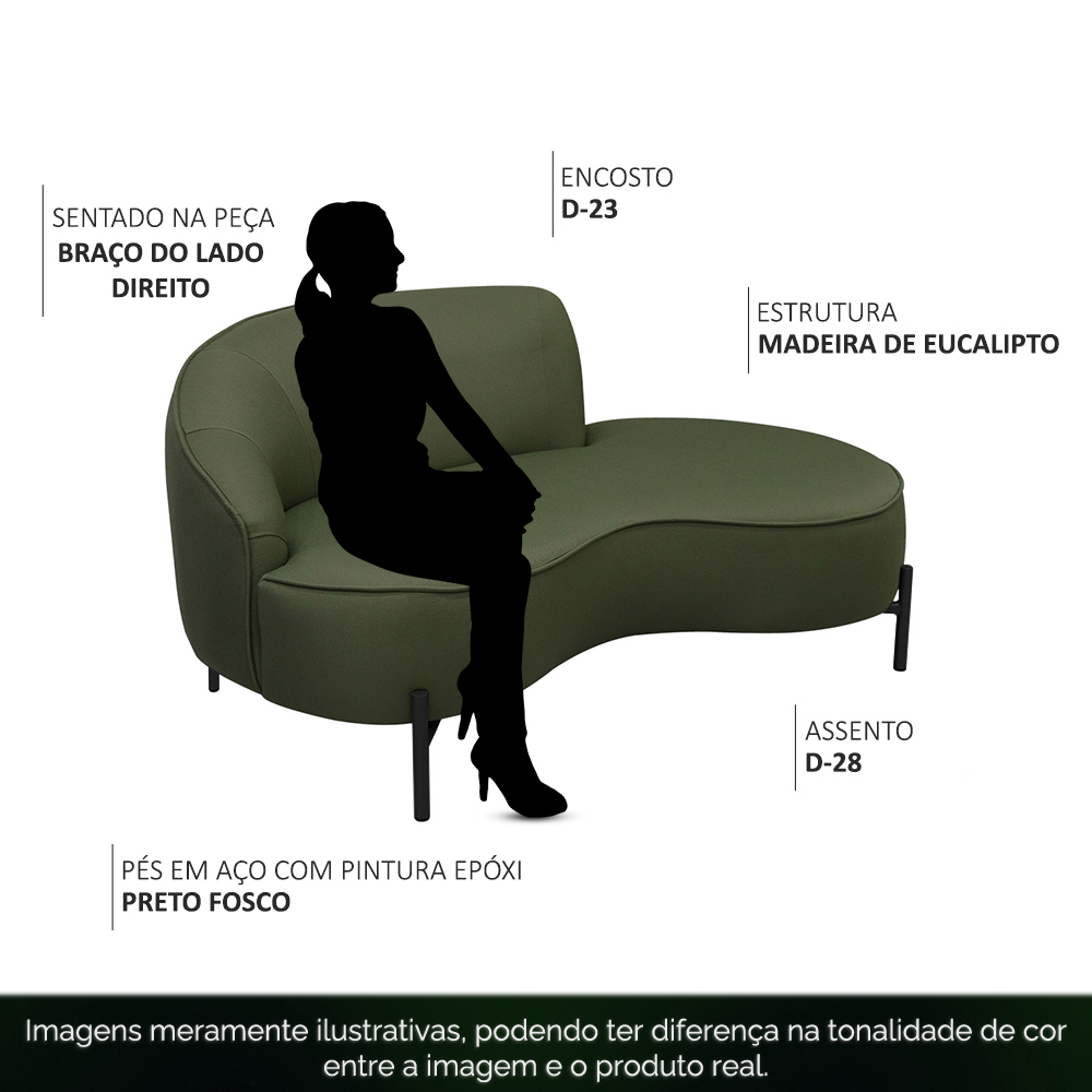 Sofá Curvo 02 Lugares 150cm Braço Direito Thommy Pés Preto Fosco Linho Verde - Nexta Casa