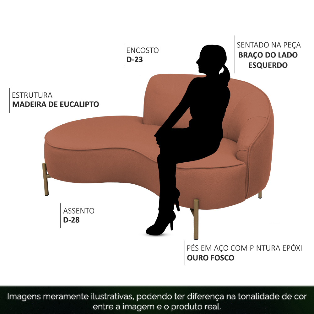 Sofá Curvo 02 Lugares 150cm Braço Esquerdo Thommy Pés Ouro Fosco Linho Coral - Nexta Casa