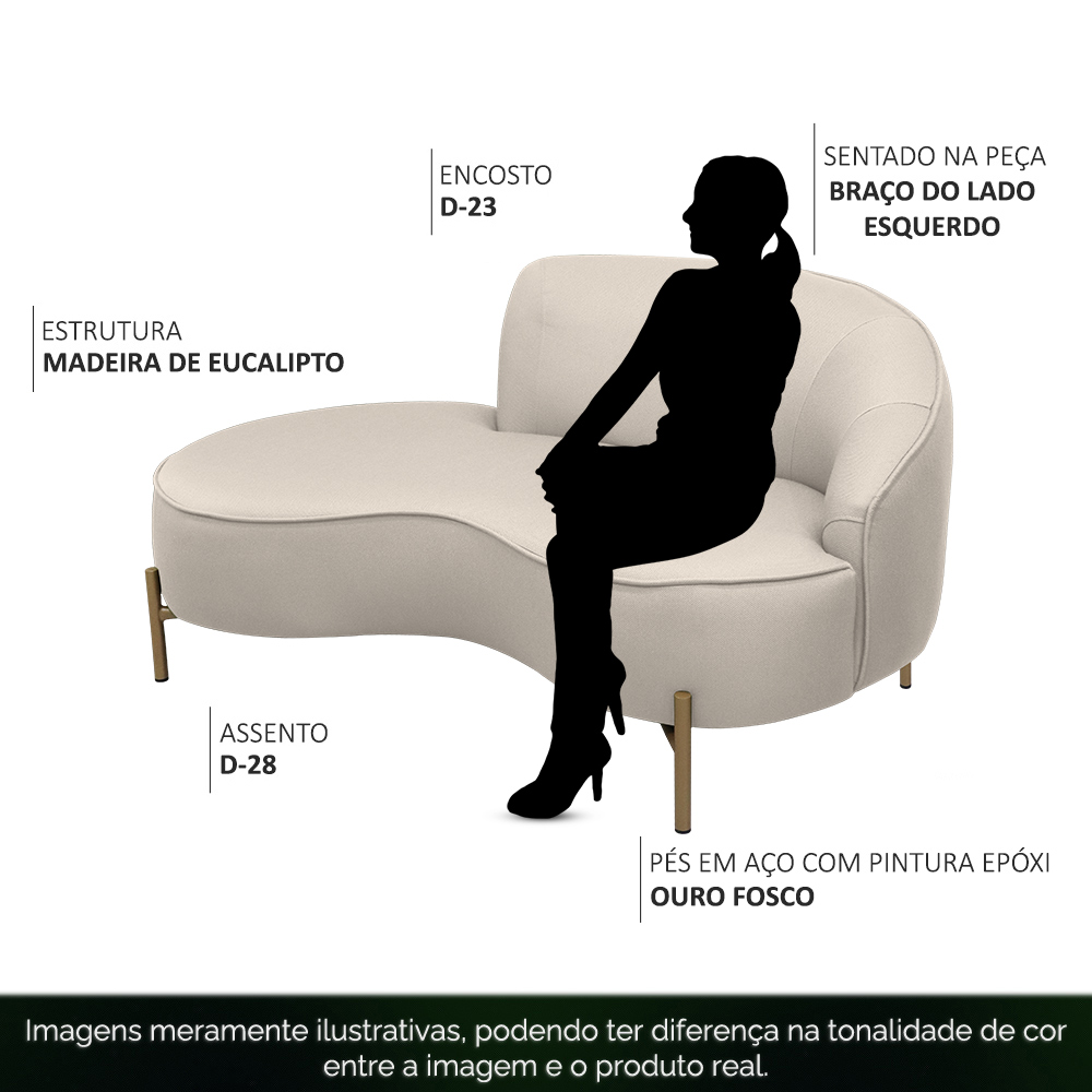 Sofá Curvo 02 Lugares 150cm Braço Esquerdo Thommy Pés Ouro Fosco Linho Off White - Nexta Casa