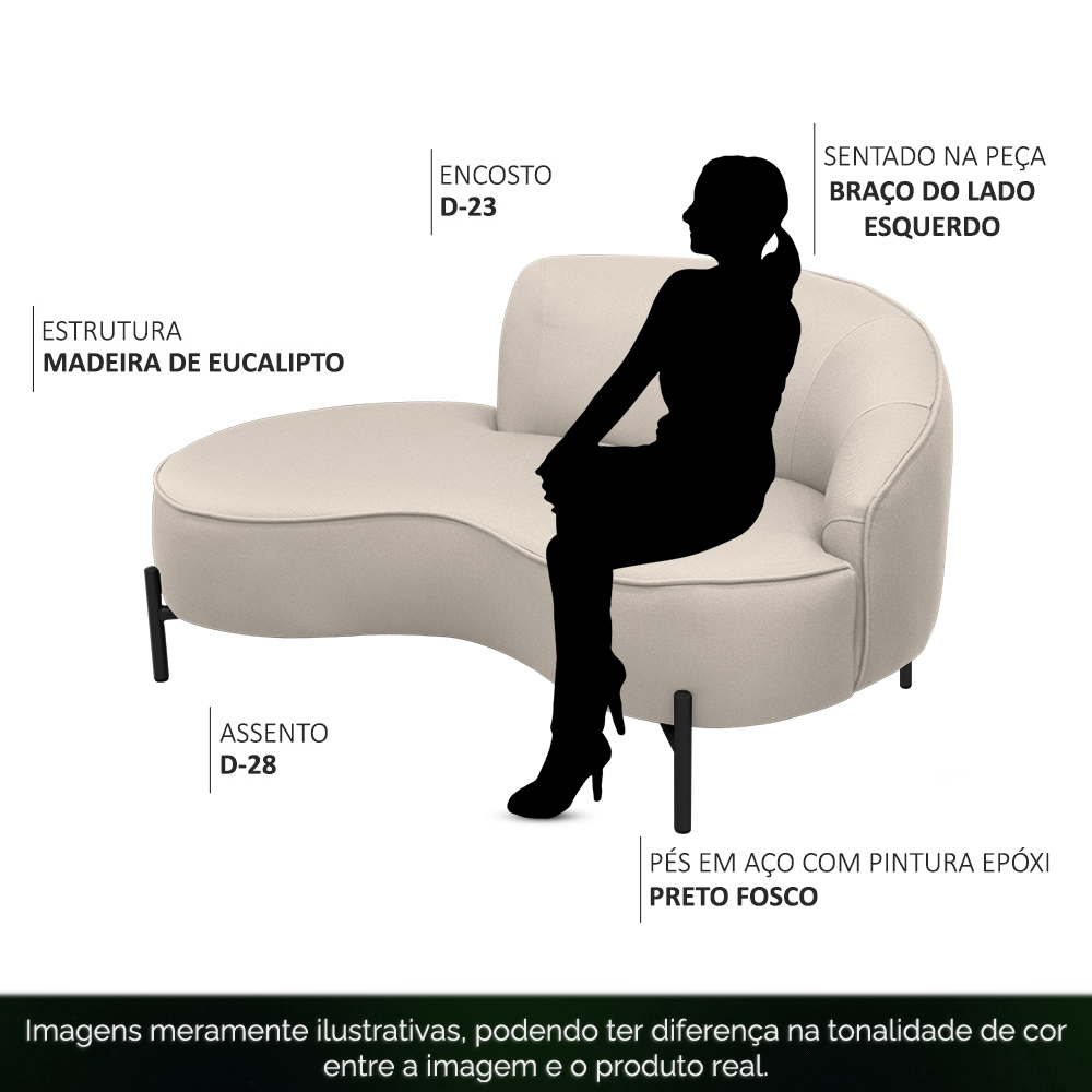 Sofá Curvo 02 Lugares 150cm Braço Esquerdo Thommy Pés Preto Fosco Linho Off White - Nexta Casa