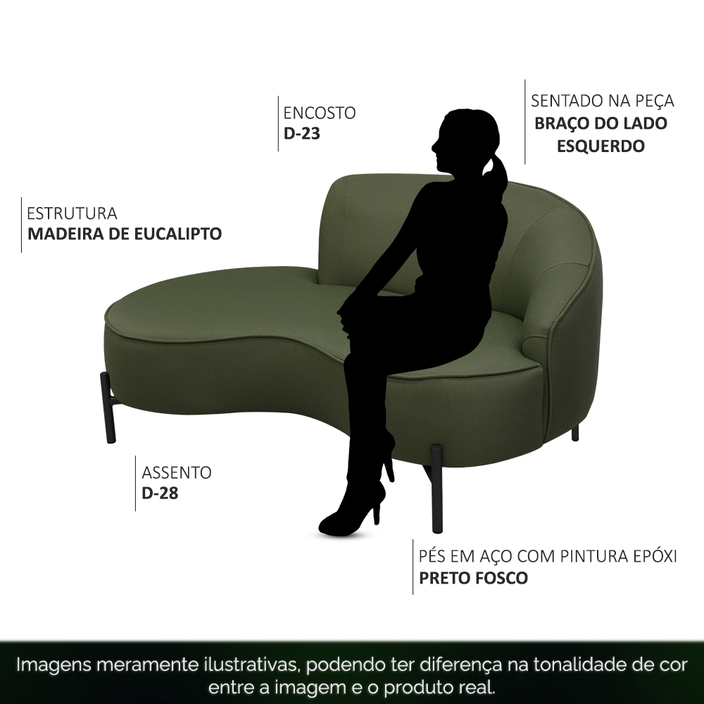 Sofá Curvo 02 Lugares 150cm Braço Esquerdo Thommy Pés Preto Fosco Linho Verde - Nexta Casa