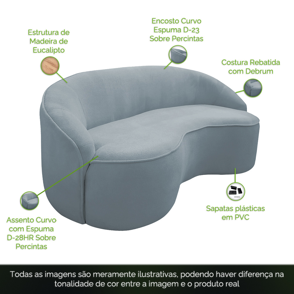 Sofá Curvo Montserrat 150cm 02 Lugares Bouclê Azul Claro - Nexta Casa