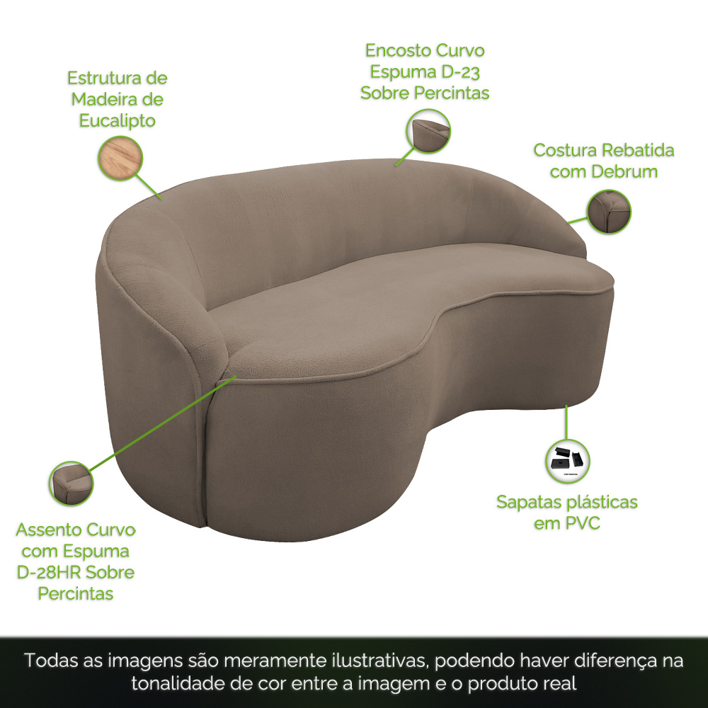 Sofá Curvo Montserrat 180cm 03 Lugares Bouclê Marrom Claro - Nexta Casa