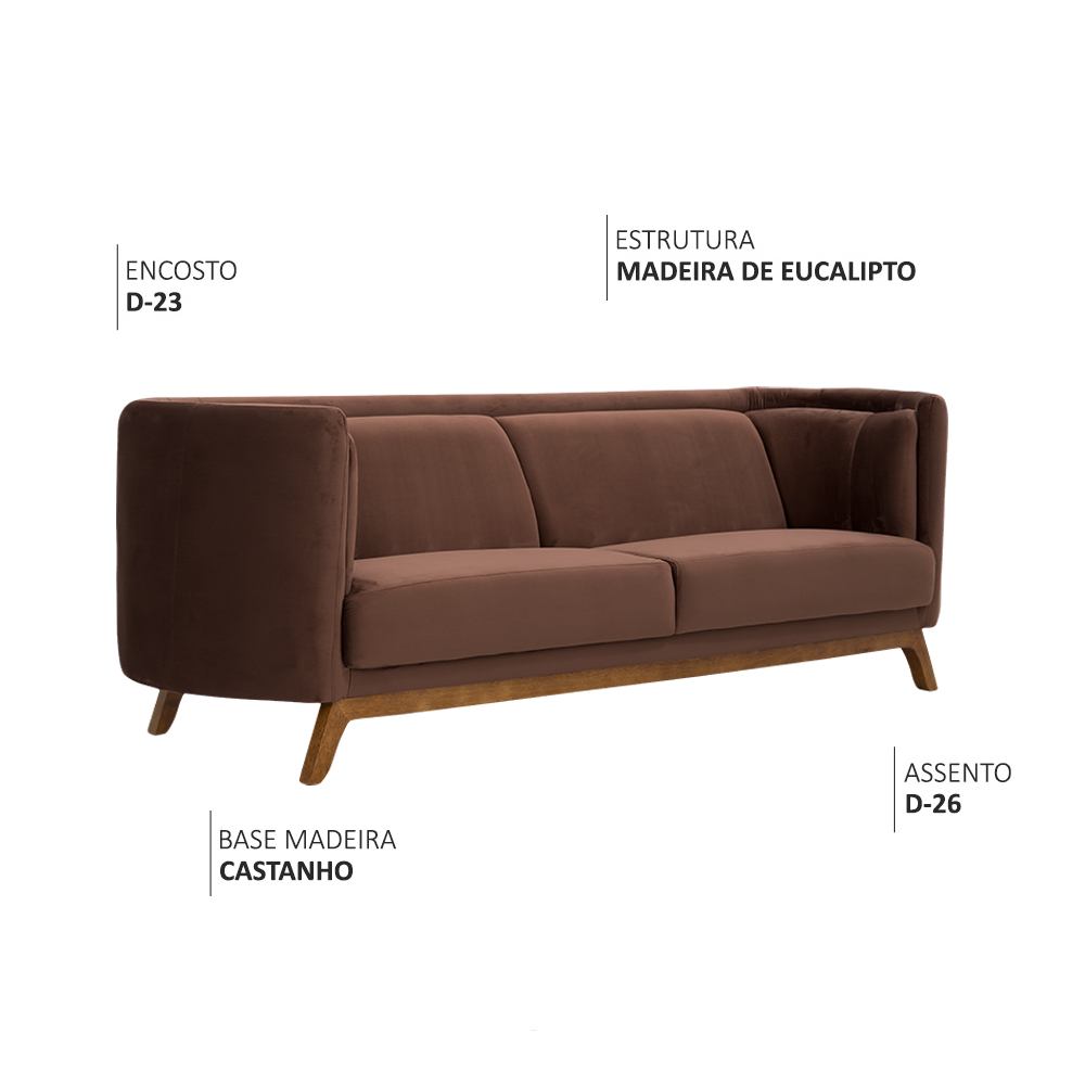 Sofá Luminne 03 Lugares 180cm Base Madeira Veludo Marrom - Nexta Casa