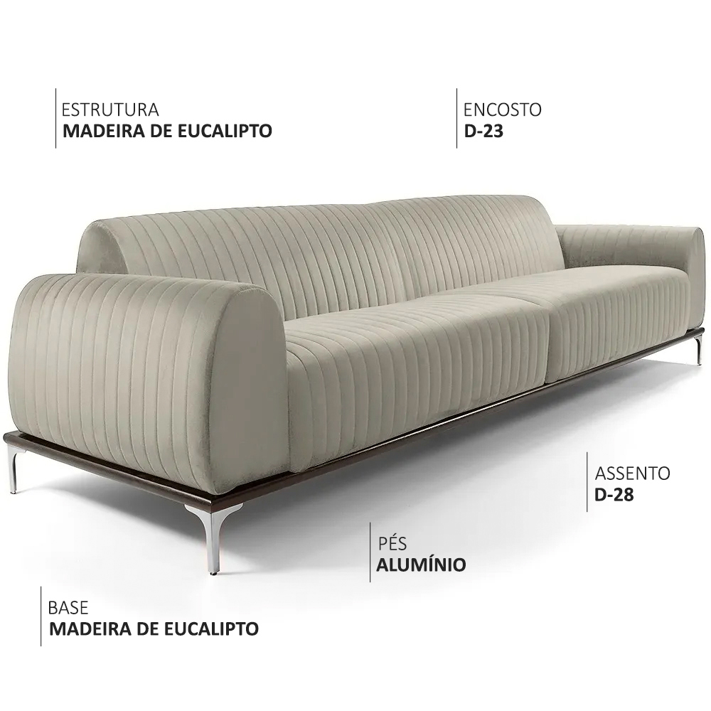 Sofá Molino 3 Lugares 210cm Pés Alumínio Veludo Creme - Nexta Casa