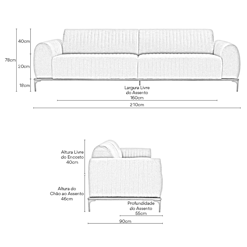 Sofá Molino 3 Lugares 210cm Pés Alumínio Veludo Creme - Nexta Casa