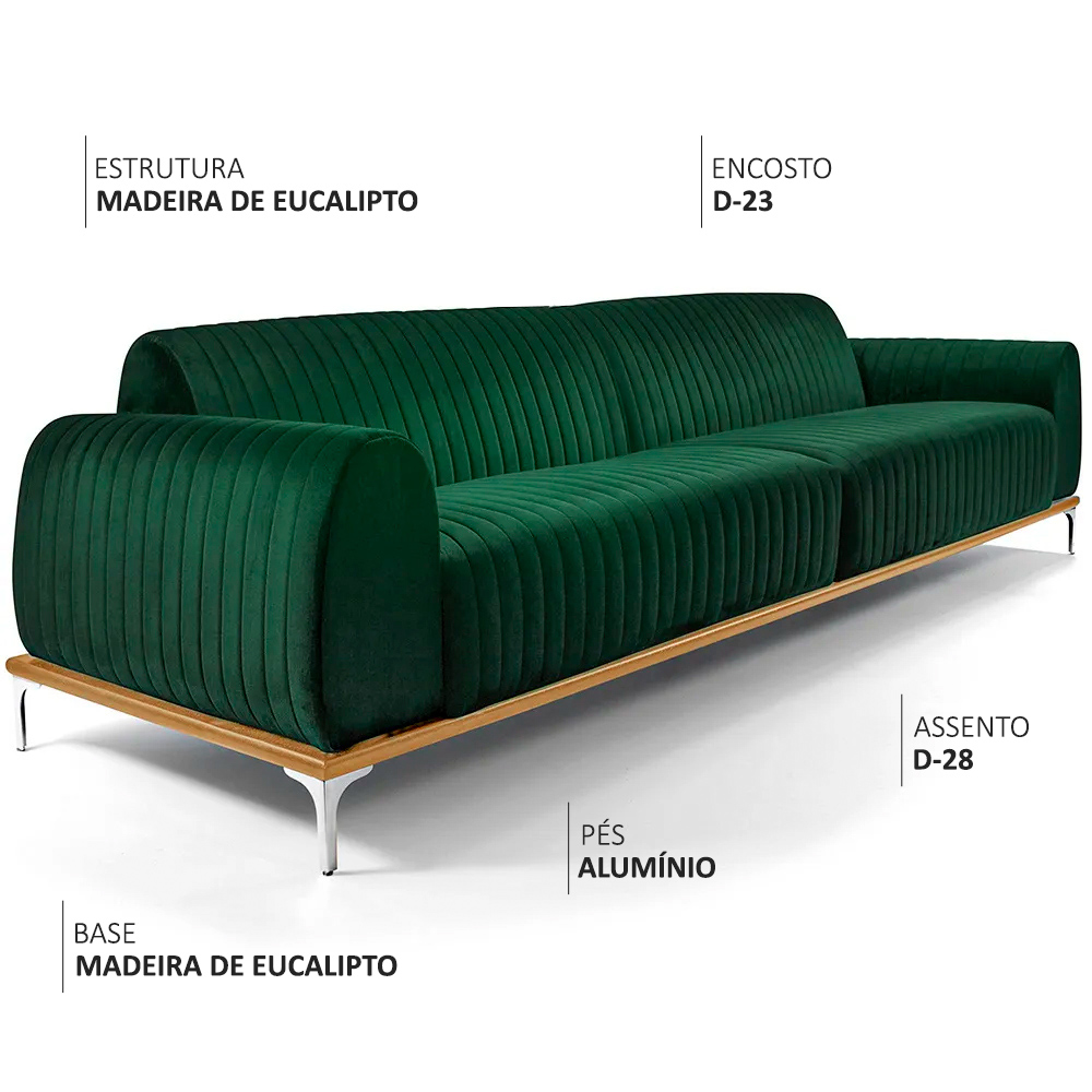 Sofá Molino 3 Lugares 210cm Pés Alumínio Veludo Verde - Nexta Casa