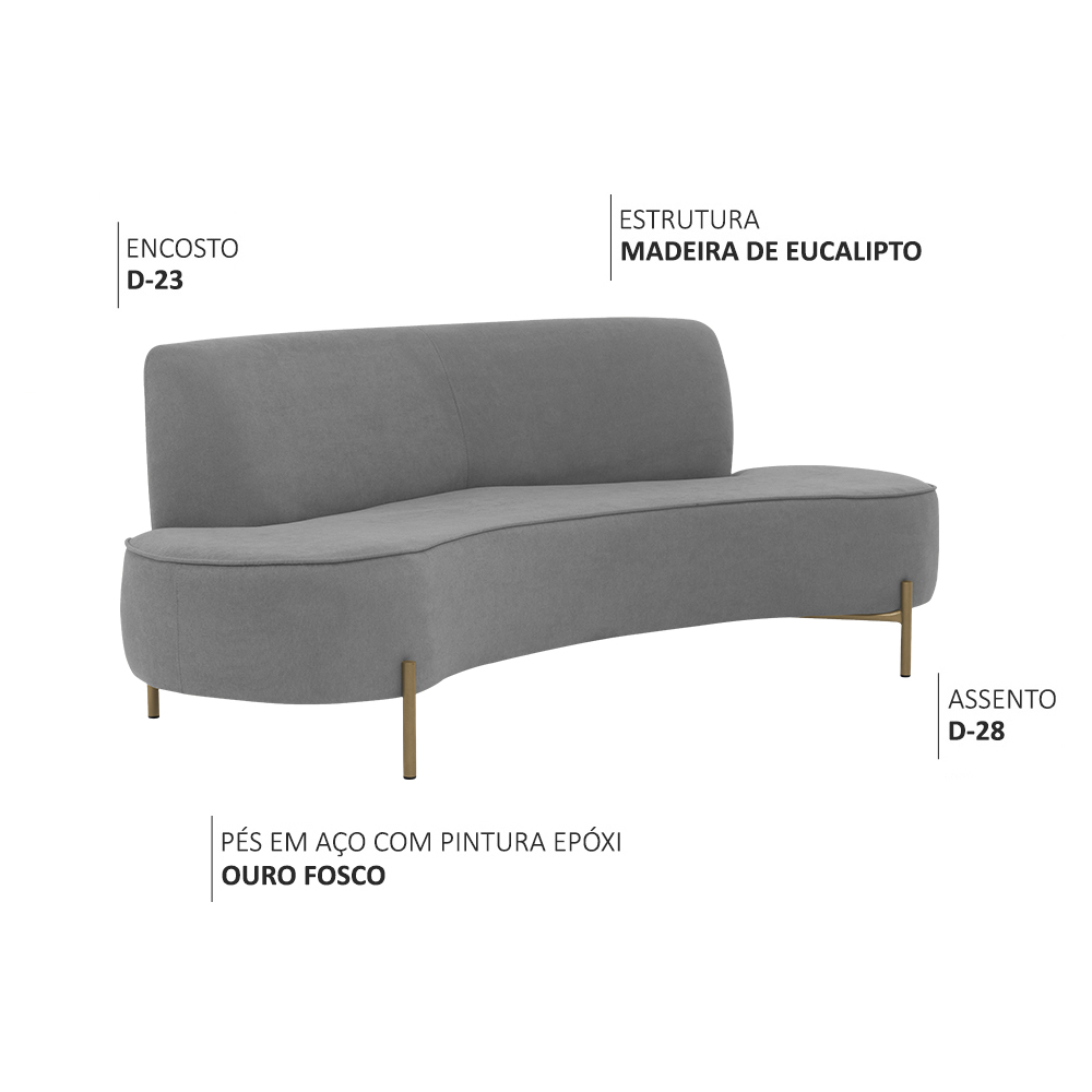 Sofá Orgânico 02 Lugares 150cm Argos Pés Ouro Fosco Linho Cinza - Nexta Casa