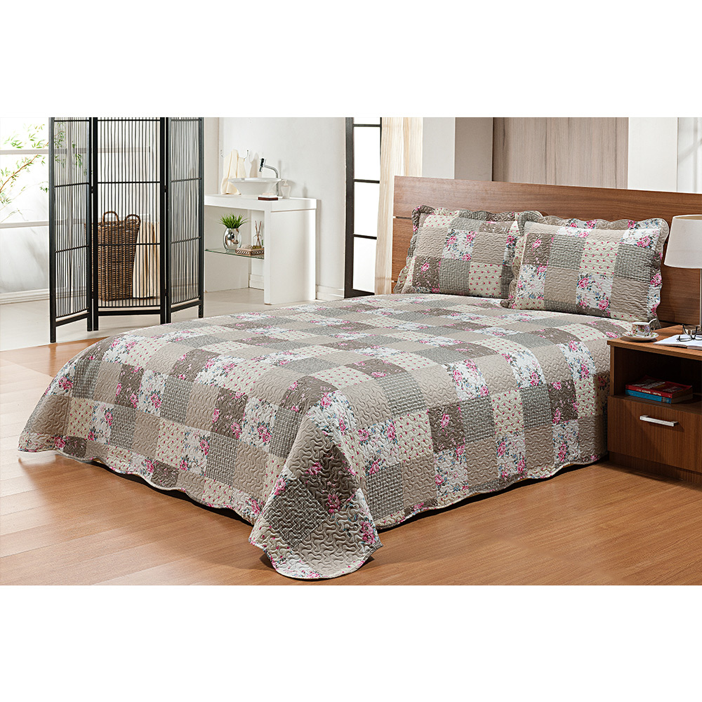 Colcha Mikonos Casal 3 peças Floral Bege Niazitex
