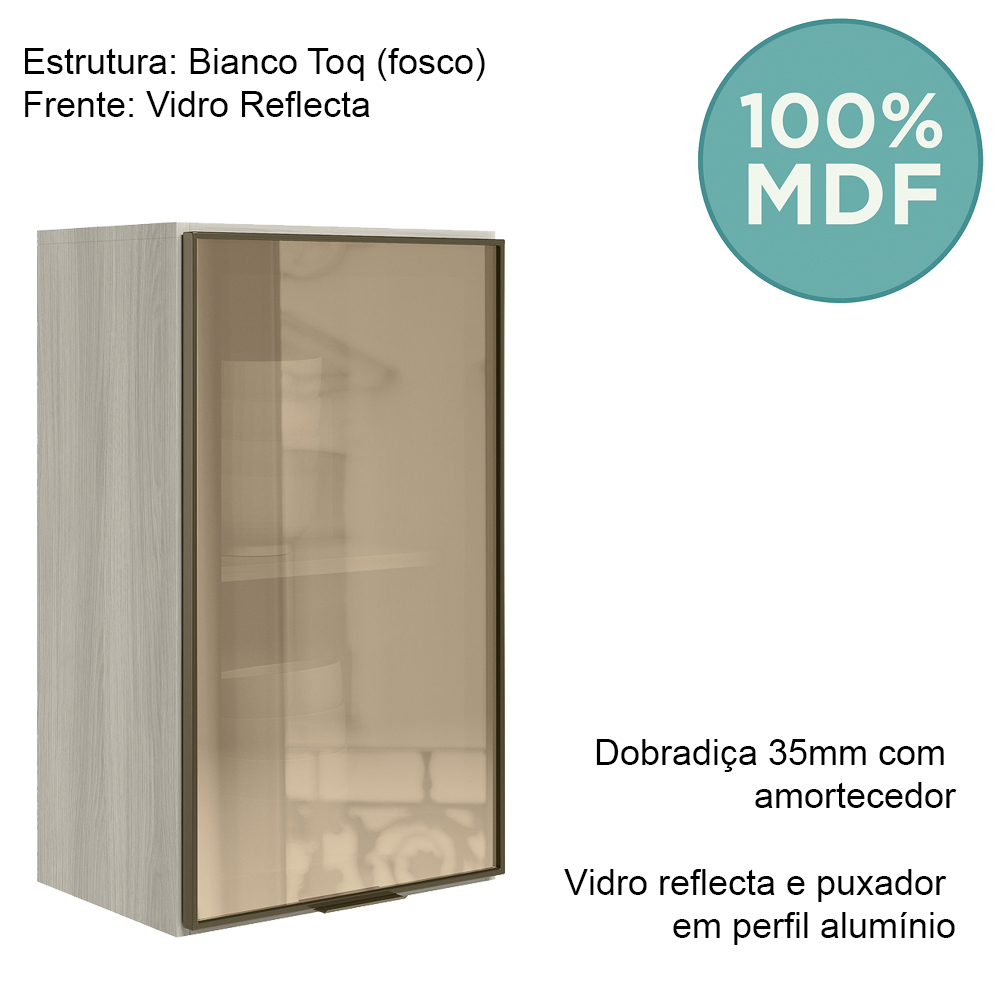 Armario Aereo 1 Porta Vidro MDF 40 cm Kali 1220261 Bianco Toq Nicioli