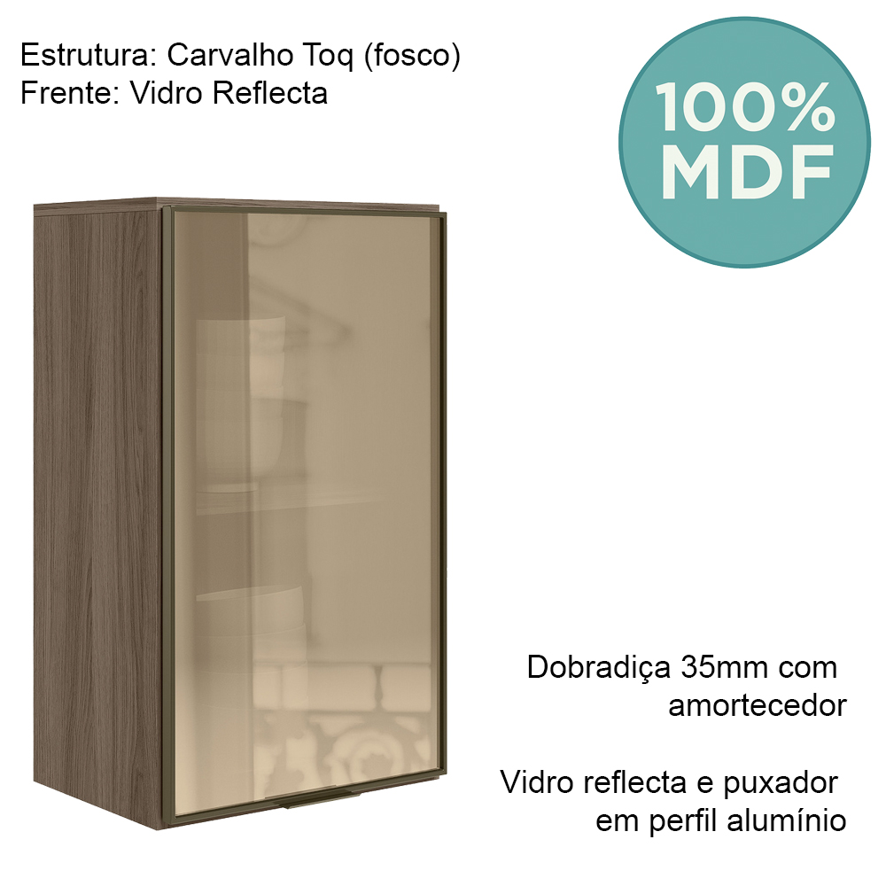 Armario Aereo 1 Porta Vidro MDF 40 cm Kali 1220261 Carvalho Toq Nicioli
