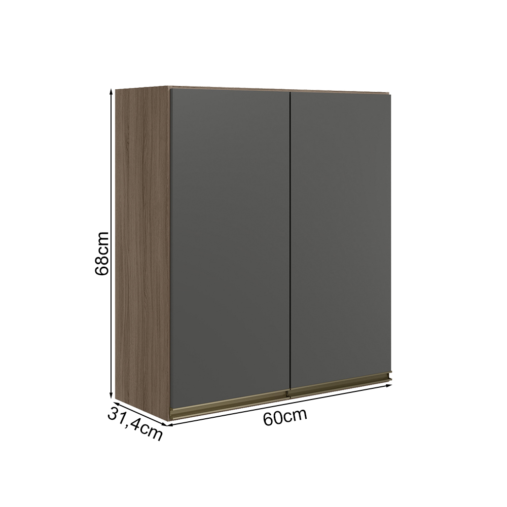 Armario Aereo 2 Portas MDF 60 cm Kali 12205 Carvalho Toq Chumbo Nicioli