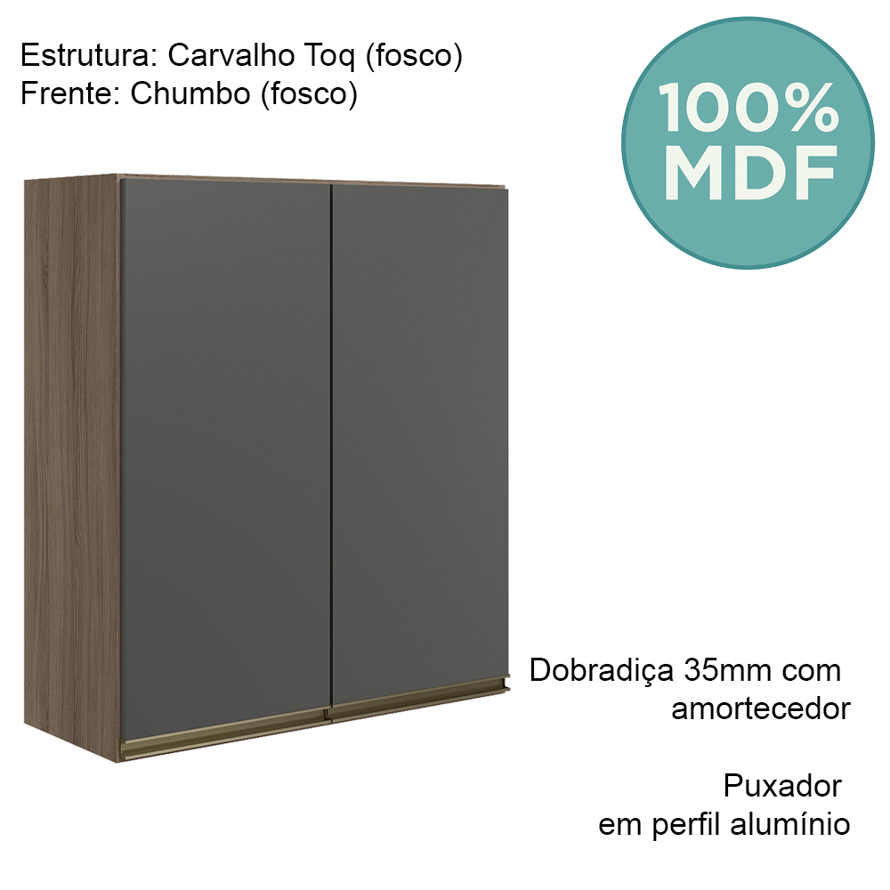 Armario Aereo 2 Portas MDF 60 cm Kali 12205 Carvalho Toq Chumbo Nicioli