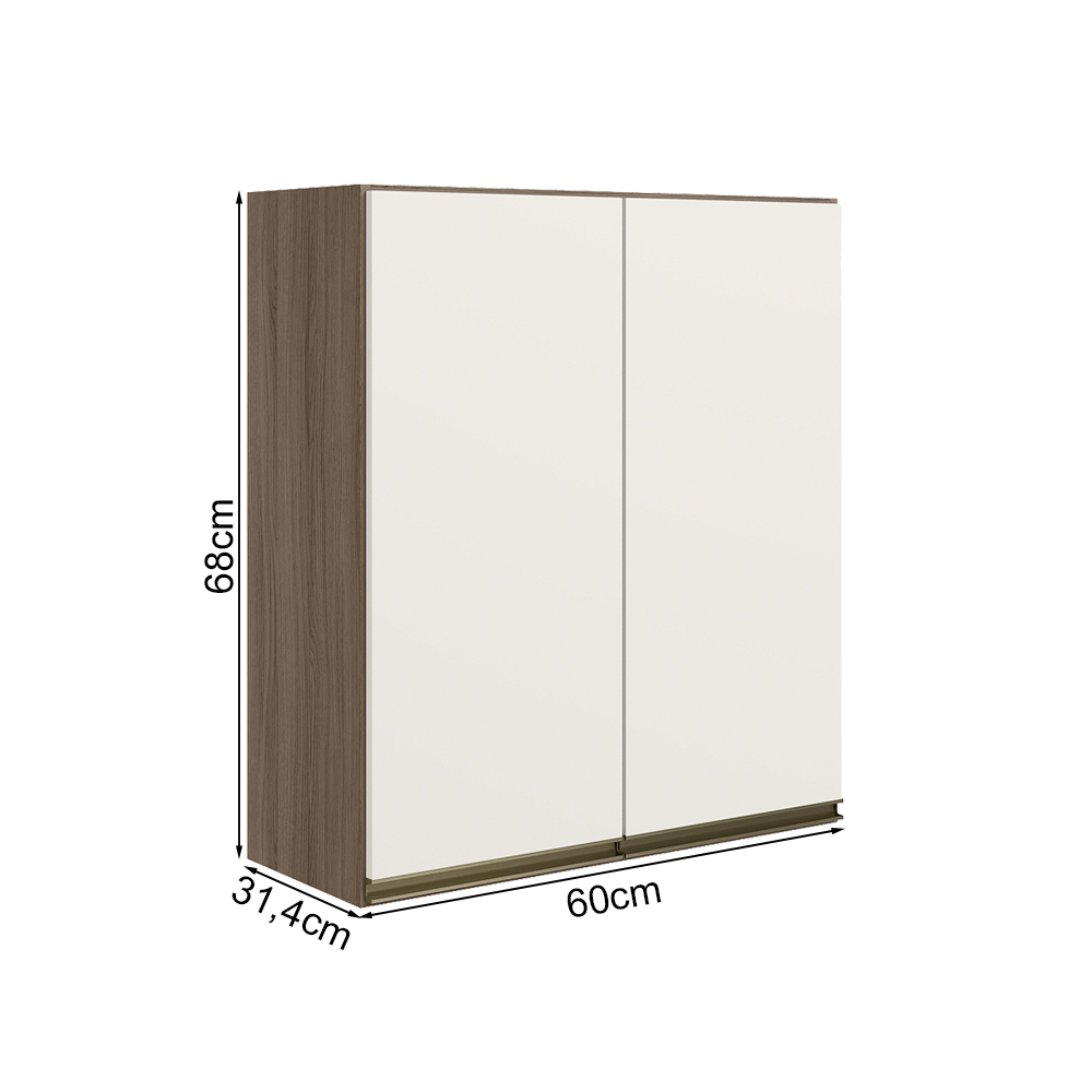 Armario Aereo 2 Portas MDF 60 cm Kali 12205 Carvalho Toq Off White Cetim Nicioli