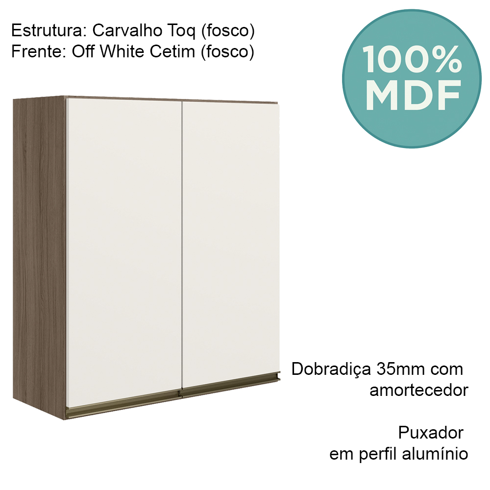 Armario Aereo 2 Portas MDF 60 cm Kali 12205 Carvalho Toq Off White Cetim Nicioli
