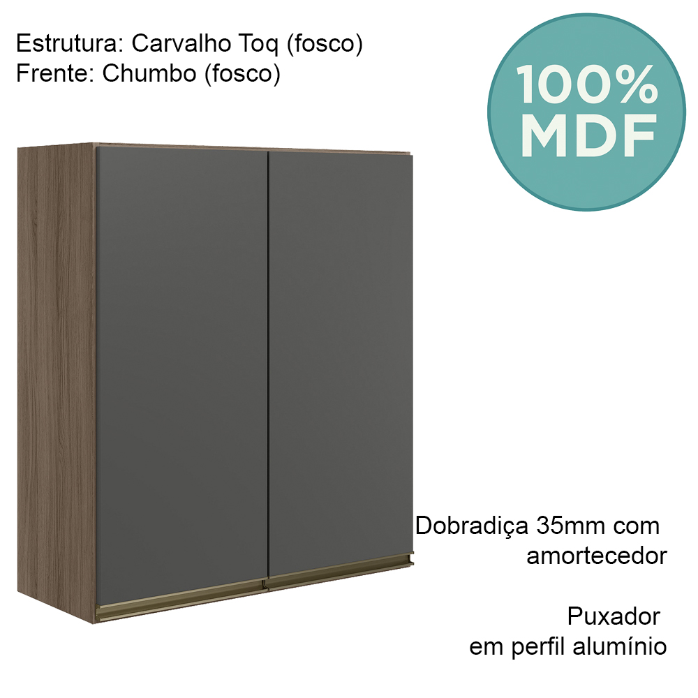 Armario Aereo 2 Portas MDF 70 cm Kali 12208 Carvalho Toq Chumbo Nicioli