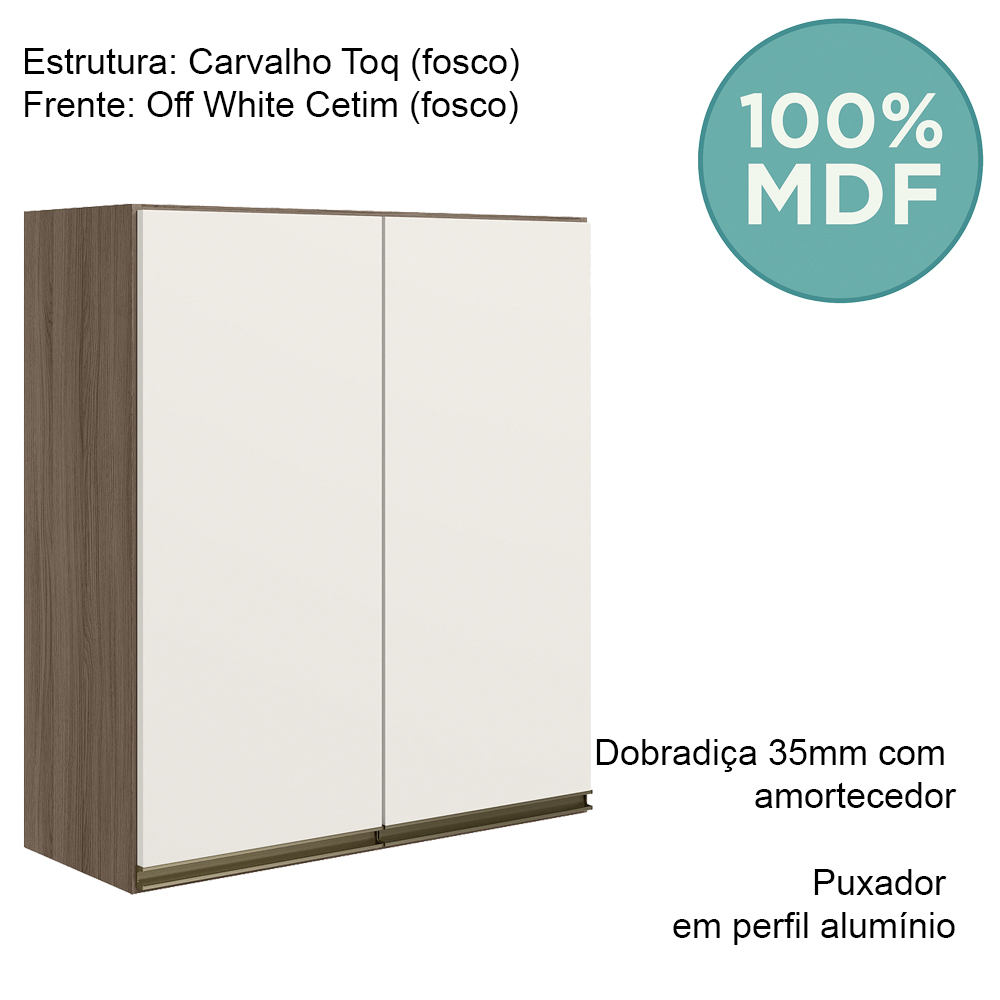 Armario Aereo 2 Portas MDF 70 cm Kali 12208 Carvalho Toq Off White Cetim Nicioli