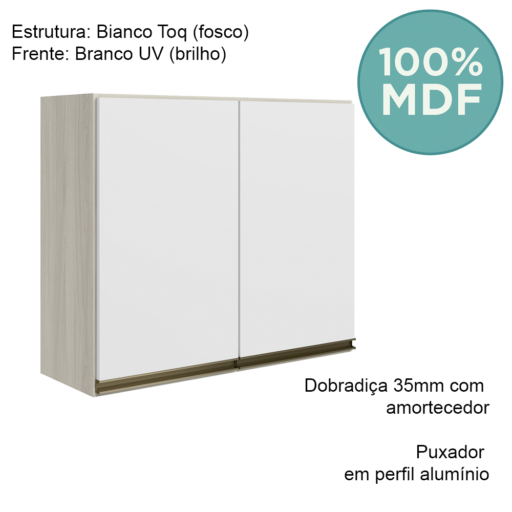 Armario Aereo 2 Portas MDF 80 cm Kali 12211 Bianco Toq Branco Uv Nicioli