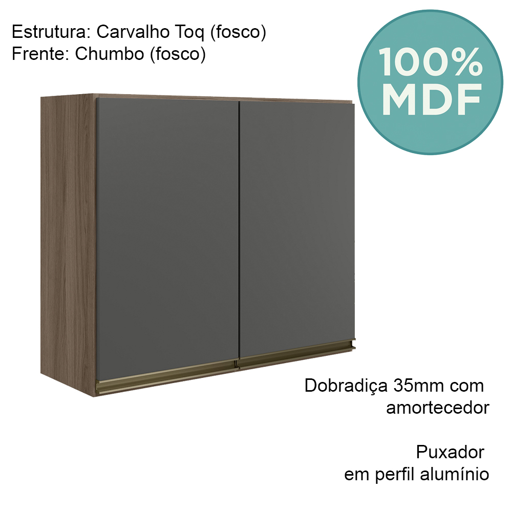 Armario Aereo 2 Portas MDF 80 cm Kali 12211 Carvalho Toq Chumbo Nicioli