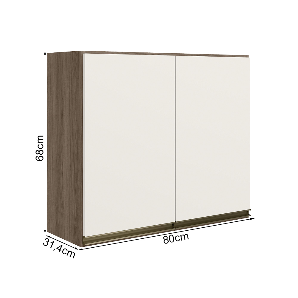 Armario Aereo 2 Portas MDF 80 cm Kali 12211 Carvalho Toq Off White Cetim Nicioli