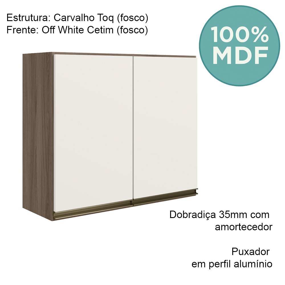 Armario Aereo 2 Portas MDF 80 cm Kali 12211 Carvalho Toq Off White Cetim Nicioli