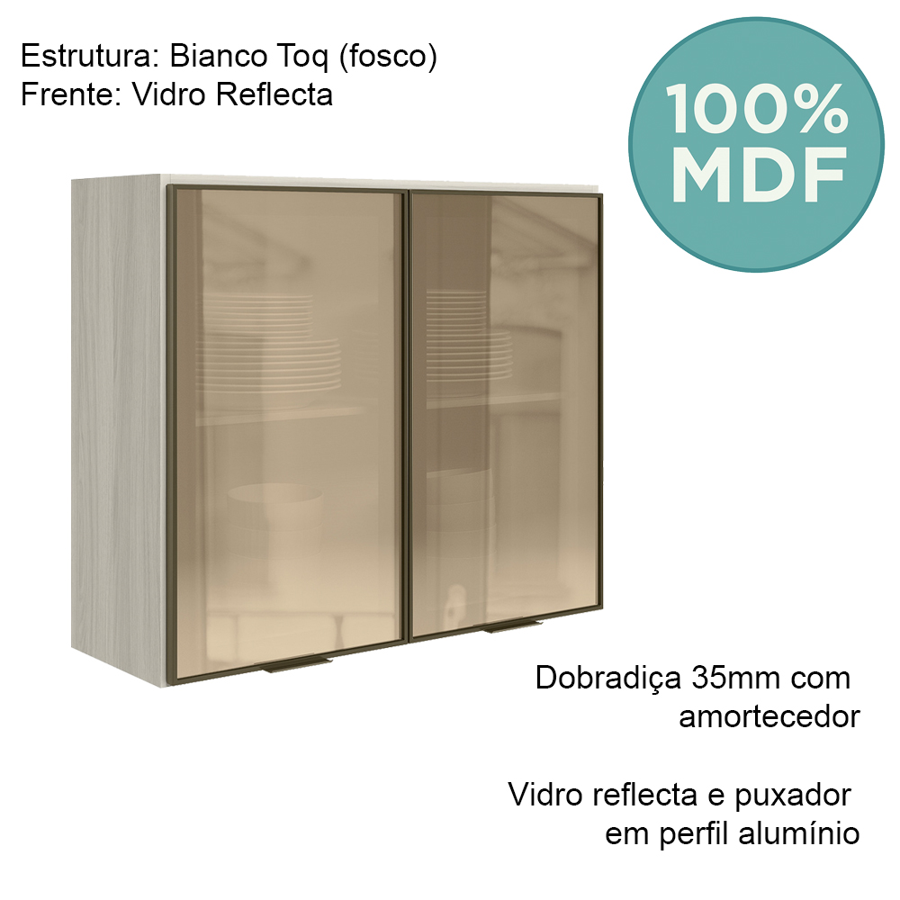 Armario Aereo 2 Portas Vidro MDF 80 cm Kali 1221162 Bianco Toq Nicioli