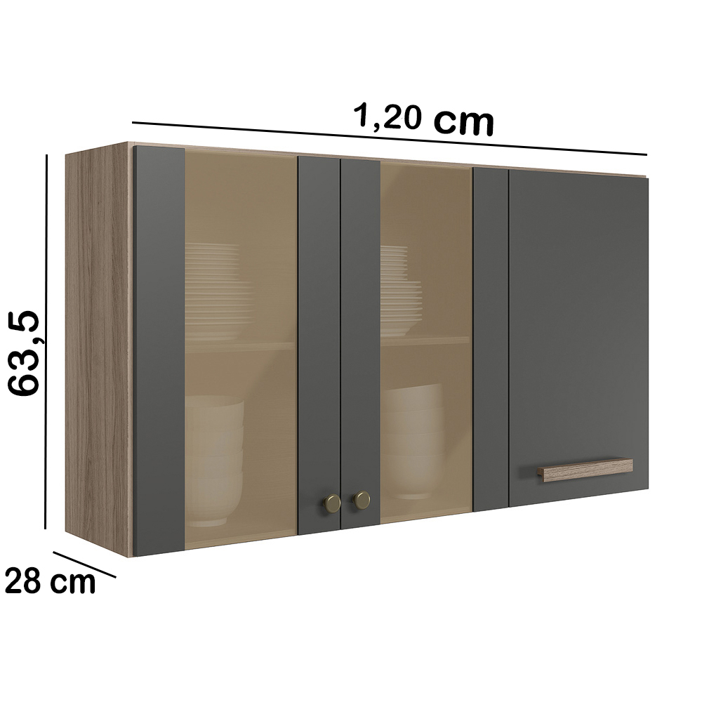 Armario Aereo 3 PT 120 cm 16982 Carvalho Nature Chumbo Nicioli