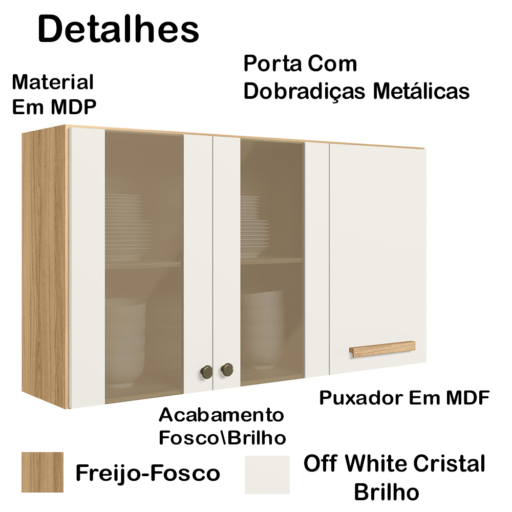 Armario Aereo 3 PT 120 cm 16982 Freijo Off White Cristal Nicioli