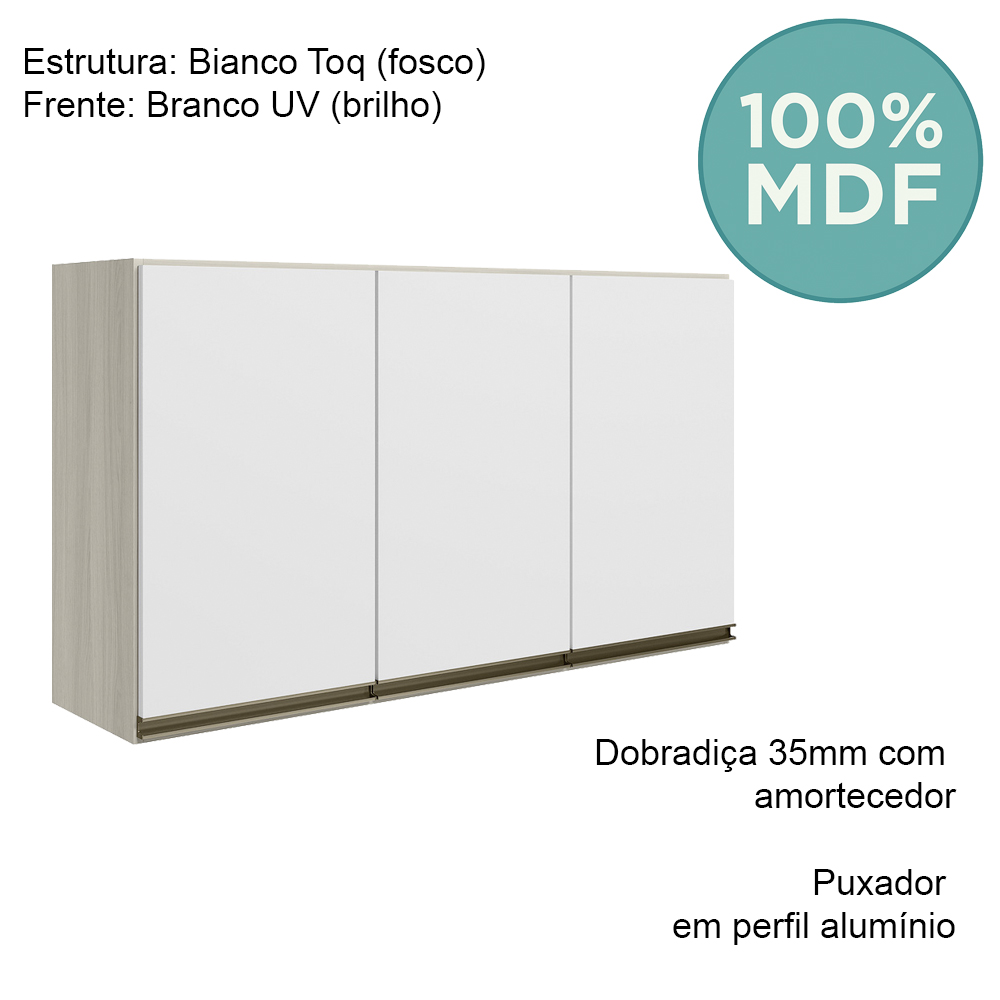 Armario Aereo 3 Portas MDF 120 cm Kali 12197 Bianco Toq Branco Uv Nicioli
