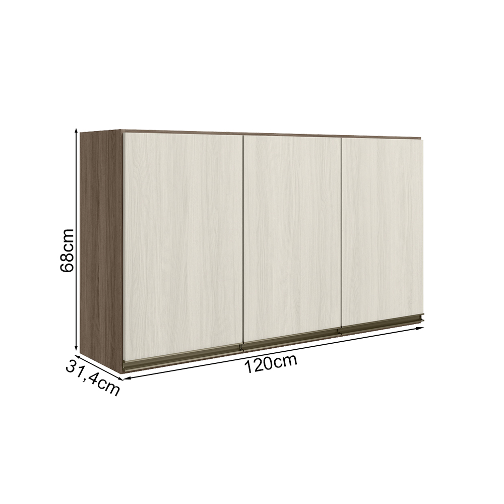 Armario Aereo 3 Portas MDF 120 cm Kali 12197 Carvalho Toq Bianco Toq Nicioli