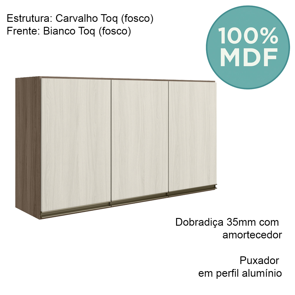 Armario Aereo 3 Portas MDF 120 cm Kali 12197 Carvalho Toq Bianco Toq Nicioli