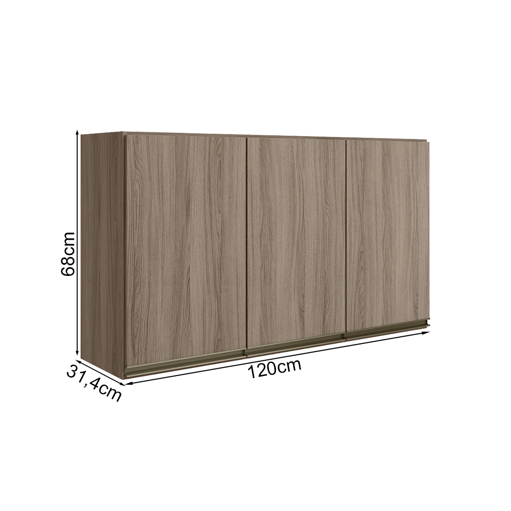 Armario Aereo 3 Portas MDF 120 cm Kali 12197 Carvalho Toq Carvalho Toq Nicioli
