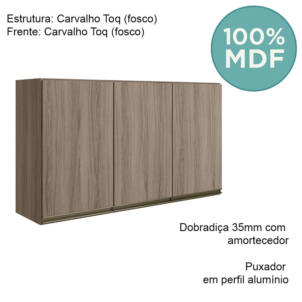 Armario Aereo 3 Portas MDF 120 cm Kali 12197 Carvalho Toq Carvalho Toq Nicioli