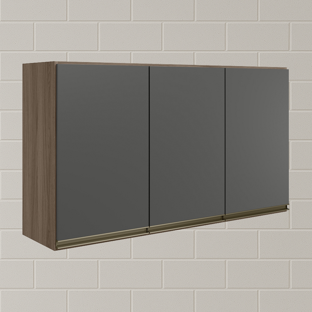 Armario Aereo 3 Portas MDF 120 cm Kali 12197 Carvalho Toq Chumbo Nicioli